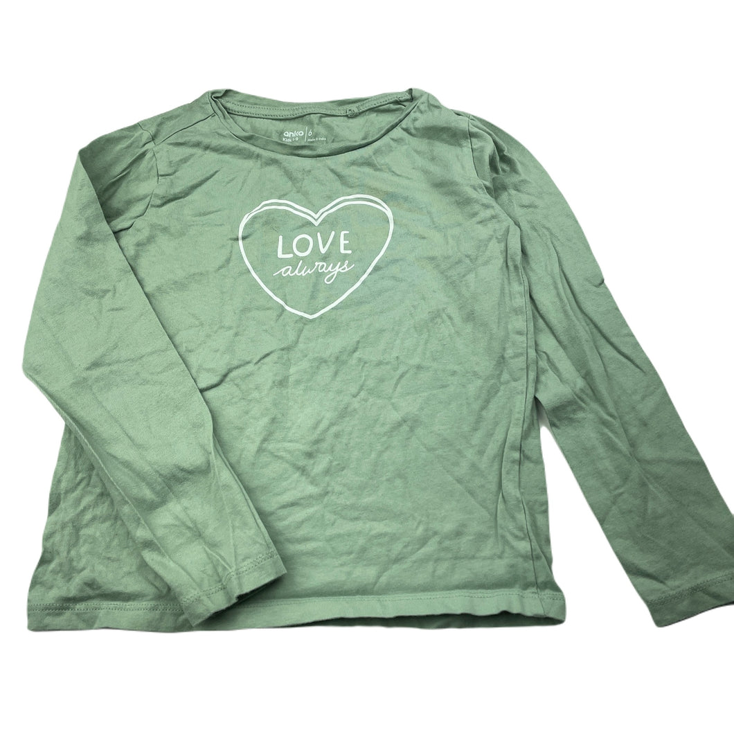 Girls Anko, green cotton long sleeve top, GUC, size 6,  