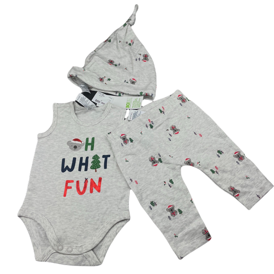 unisex Anko, cotton Christmas bodysuit, leggings & hat, NEW, size 000,  