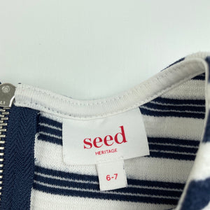 Girls Seed, navy & white stripe dress, light mark front skirt, FUC, size 6-7, L: 57cm