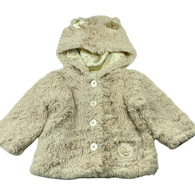 Girls lined, faux fur hooded jacket, no labels, armpit to armpit: 28cm, shoulder to cuff: 22cm, FUC, size 0-1,  