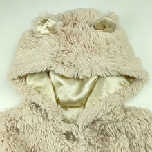 Load image into Gallery viewer, Girls lined, faux fur hooded jacket, no labels, armpit to armpit: 28cm, shoulder to cuff: 22cm, FUC, size 0-1,  