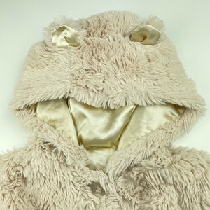 Girls lined, faux fur hooded jacket, no labels, armpit to armpit: 28cm, shoulder to cuff: 22cm, FUC, size 0-1,  