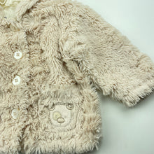 Load image into Gallery viewer, Girls lined, faux fur hooded jacket, no labels, armpit to armpit: 28cm, shoulder to cuff: 22cm, FUC, size 0-1,  