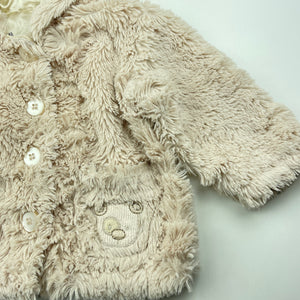 Girls lined, faux fur hooded jacket, no labels, armpit to armpit: 28cm, shoulder to cuff: 22cm, FUC, size 0-1,  