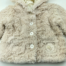 Load image into Gallery viewer, Girls lined, faux fur hooded jacket, no labels, armpit to armpit: 28cm, shoulder to cuff: 22cm, FUC, size 0-1,  