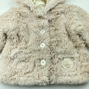 Girls lined, faux fur hooded jacket, no labels, armpit to armpit: 28cm, shoulder to cuff: 22cm, FUC, size 0-1,  