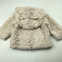Load image into Gallery viewer, Girls lined, faux fur hooded jacket, no labels, armpit to armpit: 28cm, shoulder to cuff: 22cm, FUC, size 0-1,  