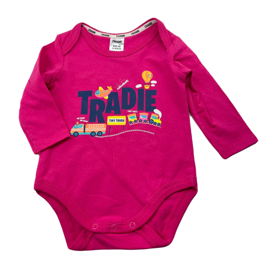 Girls Tradie Baby, Tiny Tough stretchy bodysuit / romper, EUC, size 00,  