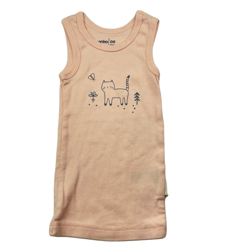 Girls Anko, pink organic cotton singlet top, cat, EUC, size 00,  