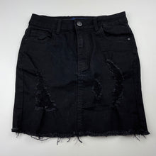 Load image into Gallery viewer, Girls USED DENIM, distressed stretch denim skirt, L: 35.5cm, W: 31.5cm across, EUC, size 14,  