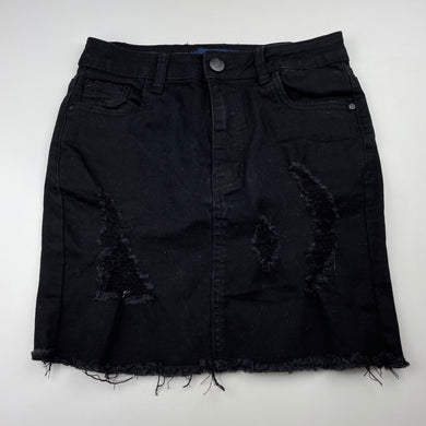 Girls USED DENIM, distressed stretch denim skirt, L: 35.5cm, W: 31.5cm across, EUC, size 14,  