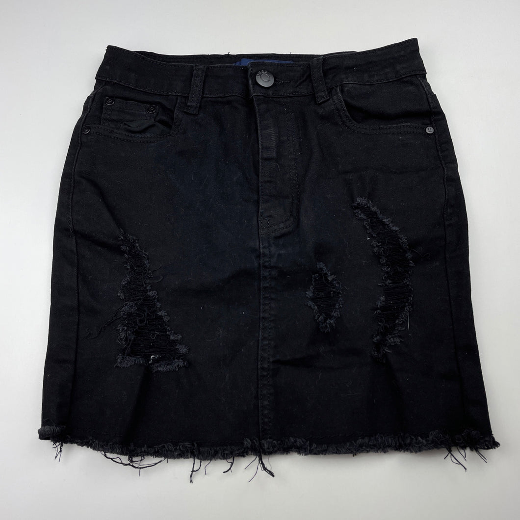 Girls USED DENIM, distressed stretch denim skirt, L: 35.5cm, W: 31.5cm across, EUC, size 14,  