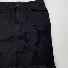 Load image into Gallery viewer, Girls USED DENIM, distressed stretch denim skirt, L: 35.5cm, W: 31.5cm across, EUC, size 14,  