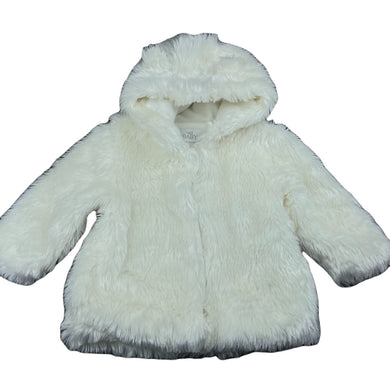 Girls M&S, fleece lined faux fur jacket / coat, poppers, L: 35cm, EUC, size 0,  