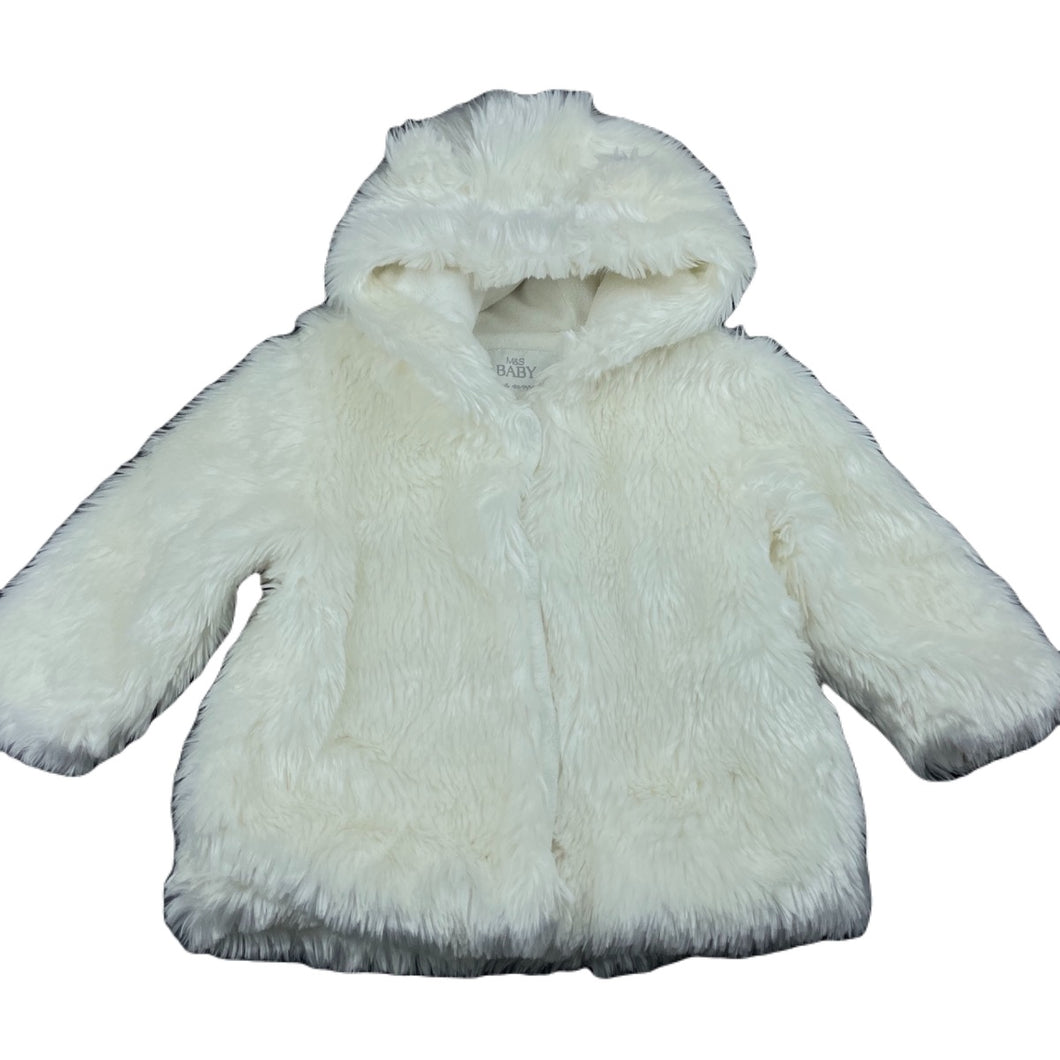 Girls M&S, fleece lined faux fur jacket / coat, poppers, L: 35cm, EUC, size 0,  