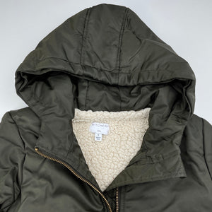 Girls Witchery, fleece lined khaki hooded jacket / coat, L: 56cm, FUC, size 6,  