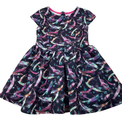 Girls Target, feather print party dress, GUC, size 1, L: 43cm