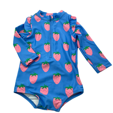 Girls Cotton On, long sleeve swim one-piece, strawberries, EUC, size 00,  