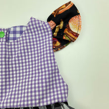 Load image into Gallery viewer, Girls B&amp;B, handmade lightweight dress, burgers, EUC, size 00, L: 32cm