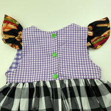Load image into Gallery viewer, Girls B&amp;B, handmade lightweight dress, burgers, EUC, size 00, L: 32cm