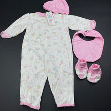 Load image into Gallery viewer, Girls Kidlooks, cotton romper, hat, bib &amp; booties, NEW, size 0,  