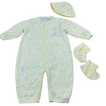 Load image into Gallery viewer, unisex Kidlooks, yellow cotton romper, hat &amp; booties, EUC, size 0,  