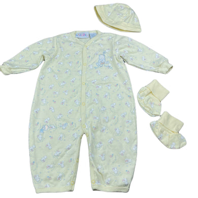 unisex Kidlooks, yellow cotton romper, hat & booties, EUC, size 0,  