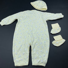 Load image into Gallery viewer, unisex Kidlooks, yellow cotton romper, hat &amp; booties, EUC, size 0,  