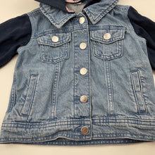 Load image into Gallery viewer, Girls blue, denim jacket, detachable hood, labels removed, armpit to armpit: 31cm, shoulder to cuff: 34cm, GUC, size 3-4,  