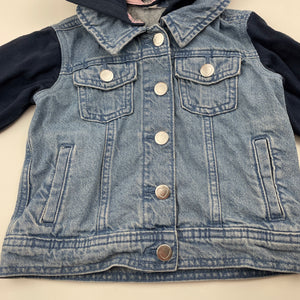 Girls blue, denim jacket, detachable hood, labels removed, armpit to armpit: 31cm, shoulder to cuff: 34cm, GUC, size 3-4,  