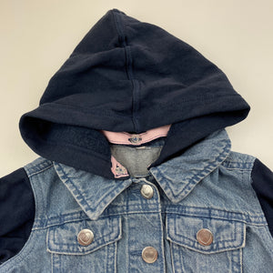 Girls blue, denim jacket, detachable hood, labels removed, armpit to armpit: 31cm, shoulder to cuff: 34cm, GUC, size 3-4,  