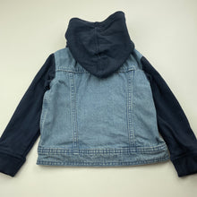 Load image into Gallery viewer, Girls blue, denim jacket, detachable hood, labels removed, armpit to armpit: 31cm, shoulder to cuff: 34cm, GUC, size 3-4,  