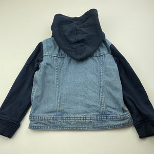 Girls blue, denim jacket, detachable hood, labels removed, armpit to armpit: 31cm, shoulder to cuff: 34cm, GUC, size 3-4,  