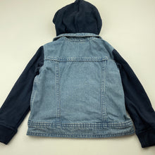 Load image into Gallery viewer, Girls blue, denim jacket, detachable hood, labels removed, armpit to armpit: 31cm, shoulder to cuff: 34cm, GUC, size 3-4,  