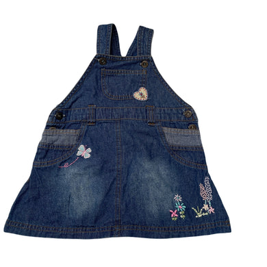 Girls Mystery, embroidered lightweight denim overalls dress, GUC, size 2, L: 42cm