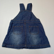 Load image into Gallery viewer, Girls Mystery, embroidered lightweight denim overalls dress, GUC, size 2, L: 42cm