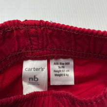 Load image into Gallery viewer, Boys Carters, red cotton pants / bottoms, elasticated, EUC, size 000,  