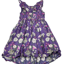 Load image into Gallery viewer, Girls Tea, lined purple floral cotton party dress, GUC, size 6, L: 60cm at front