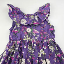Load image into Gallery viewer, Girls Tea, lined purple floral cotton party dress, GUC, size 6, L: 60cm at front