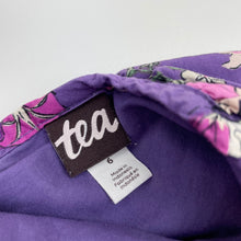 Load image into Gallery viewer, Girls Tea, lined purple floral cotton party dress, GUC, size 6, L: 60cm at front
