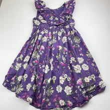 Load image into Gallery viewer, Girls Tea, lined purple floral cotton party dress, GUC, size 6, L: 60cm at front