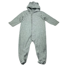 Load image into Gallery viewer, unisex TROUSSEAU, grey marle hooded coverall / romper, GUC, size 00,  
