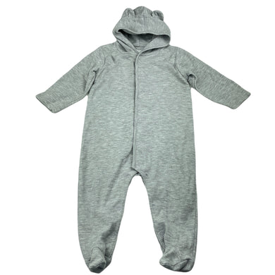 unisex TROUSSEAU, grey marle hooded coverall / romper, GUC, size 00,  