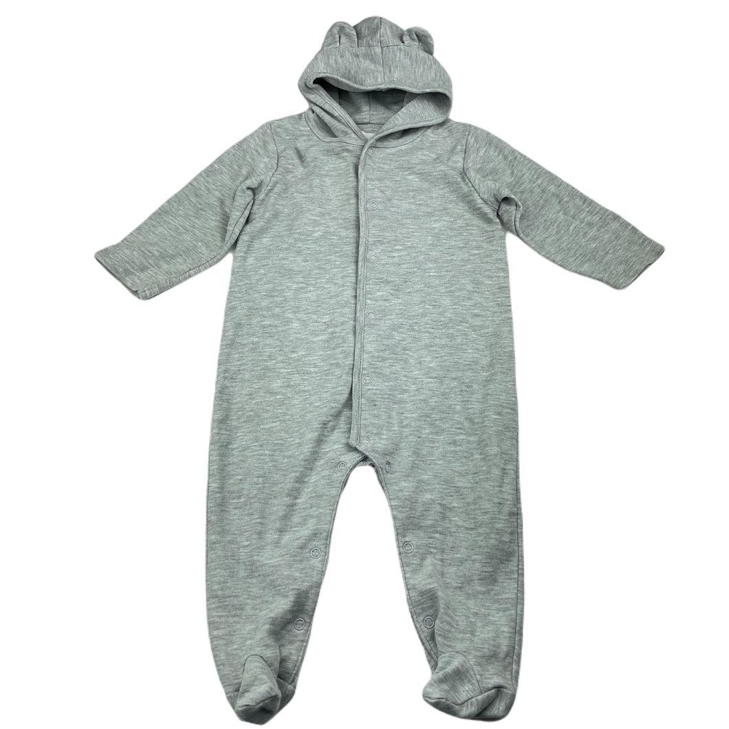 unisex TROUSSEAU, grey marle hooded coverall / romper, GUC, size 00,  