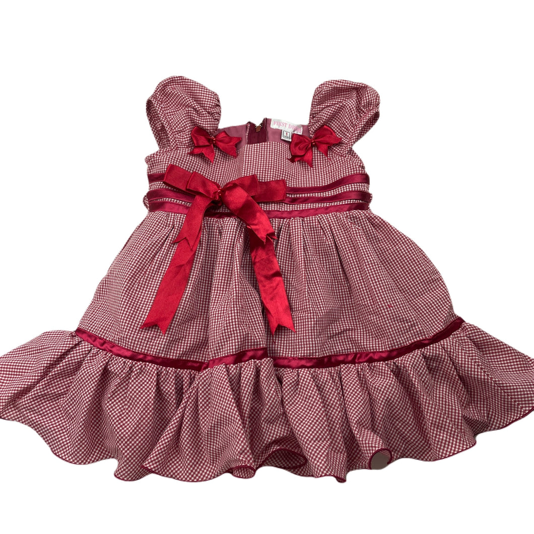 Girls FIRST DRESS, lined red gingham dress, fraying on ribbons, FUC, size 1, L: 42cm