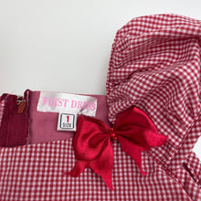 Load image into Gallery viewer, Girls FIRST DRESS, lined red gingham dress, fraying on ribbons, FUC, size 1, L: 42cm