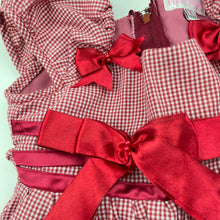 Load image into Gallery viewer, Girls FIRST DRESS, lined red gingham dress, fraying on ribbons, FUC, size 1, L: 42cm
