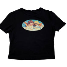 Load image into Gallery viewer, Girls black, stretchy t-shirt / top, labels removed, armpit to armpit: 35cm, EUC, size 10-12,  