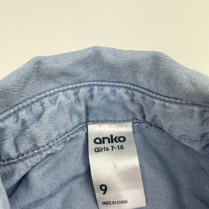 Girls Anko, blue lyocell long sleeve shirt, light mark on front, FUC, size 9,  