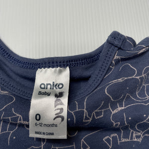 unisex Anko, blue cotton romper, elephants, GUC, size 0,  